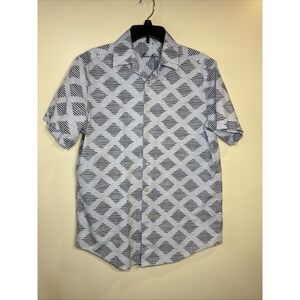 Tasso Elba Mens Shirt Blue Diamond Pattern‎ Short Sleeve Button Up Cotton